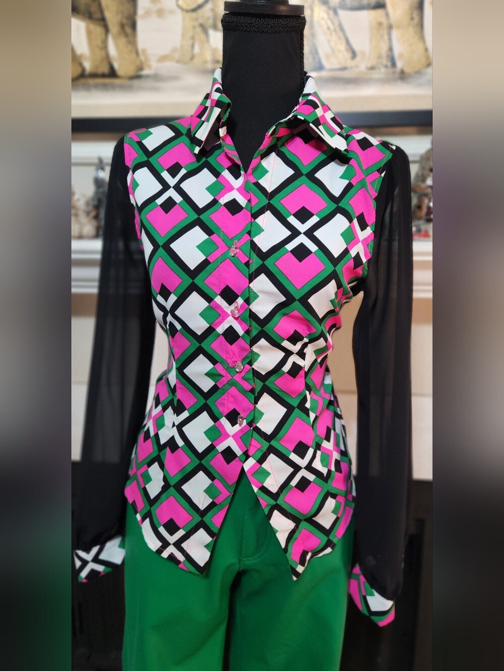 Ces Femme Geometric Button-Down Blouse in Pink, Green & White